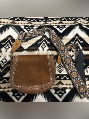 Women's Tan Haircalf Studded Crossbody Bag
